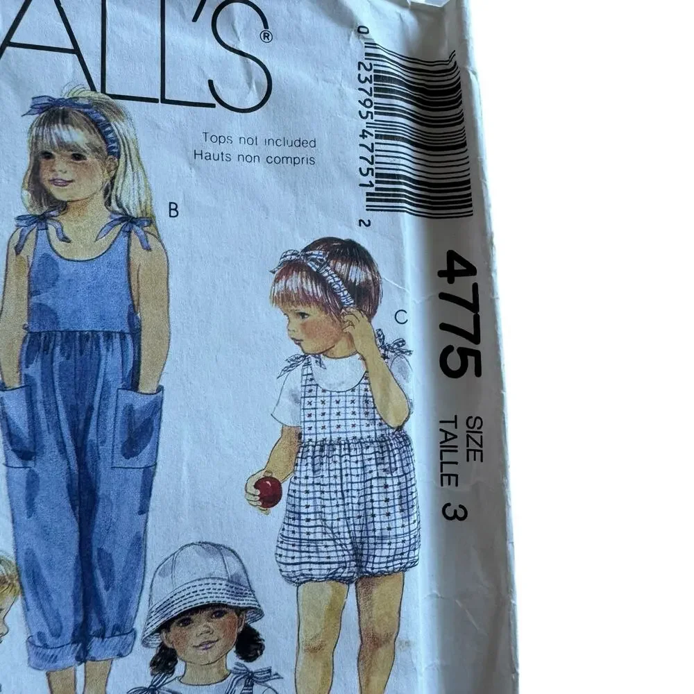 Vintage 1990 MCCALLS Kids Jumpsuit Romper Dress Pattern Size 3 #4775 Cut